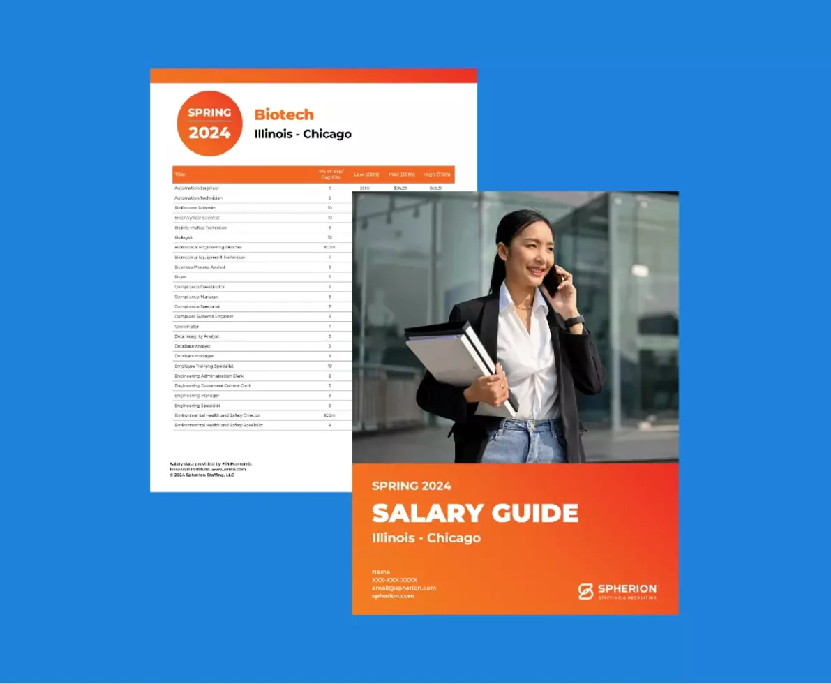 Blue background with two pages of a salary guide document in the center
