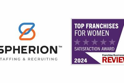 White background with the SPherion logo on the left and the purple Franchise Business Review Top Franchises for Women logo on the right