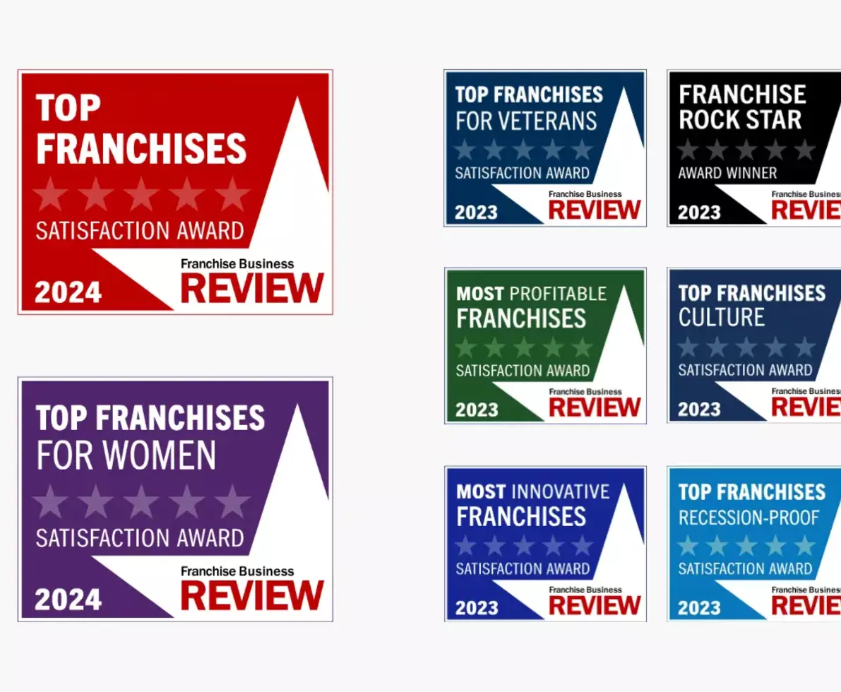 A collage of Franchise Business Review awards that Spherion has won in 2023 and 2024