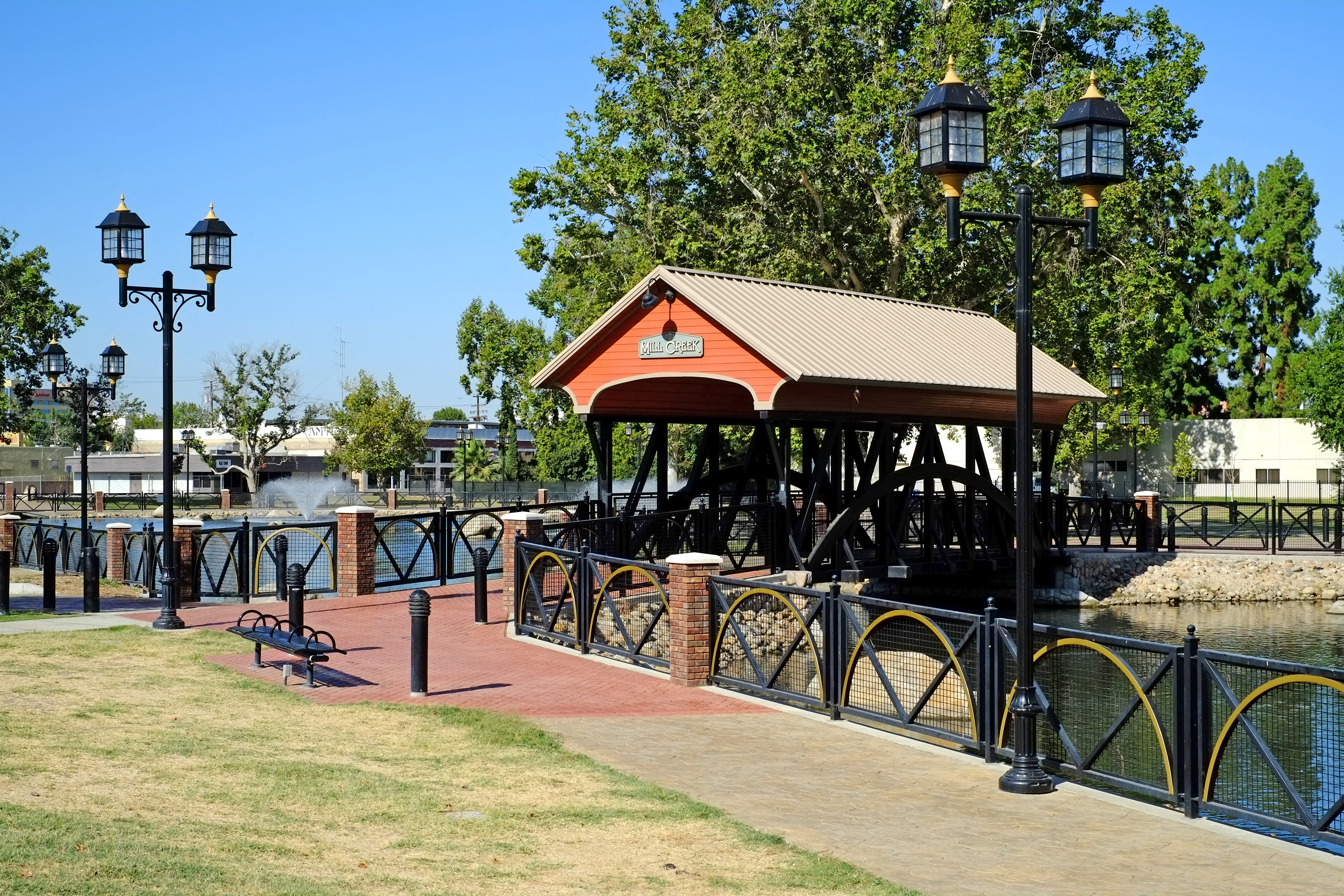 Covered bridge in a park in downtown Bakersfield California