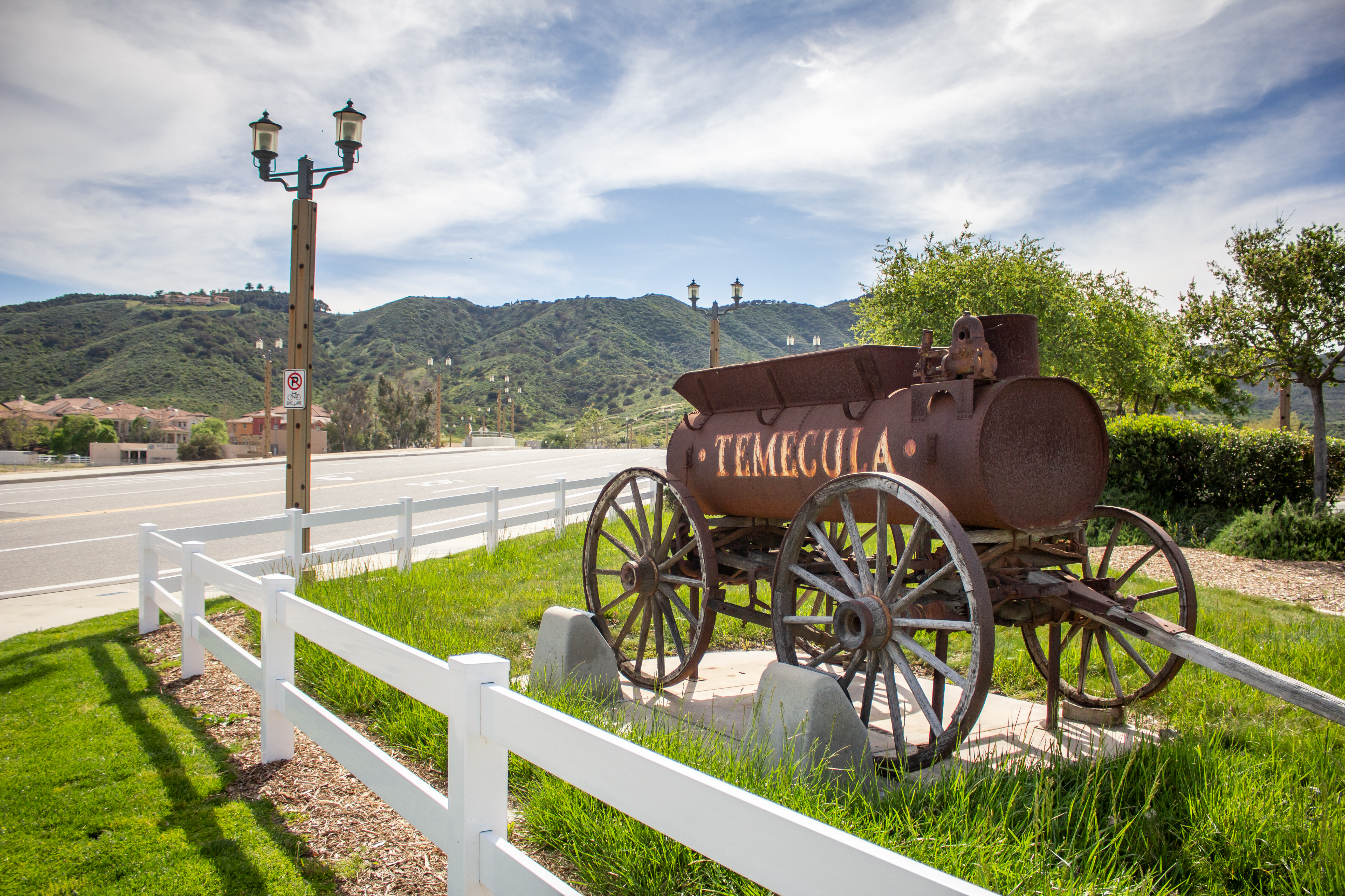 Vintage iron tank wagon on the corner to the entrance to downtown Temecula