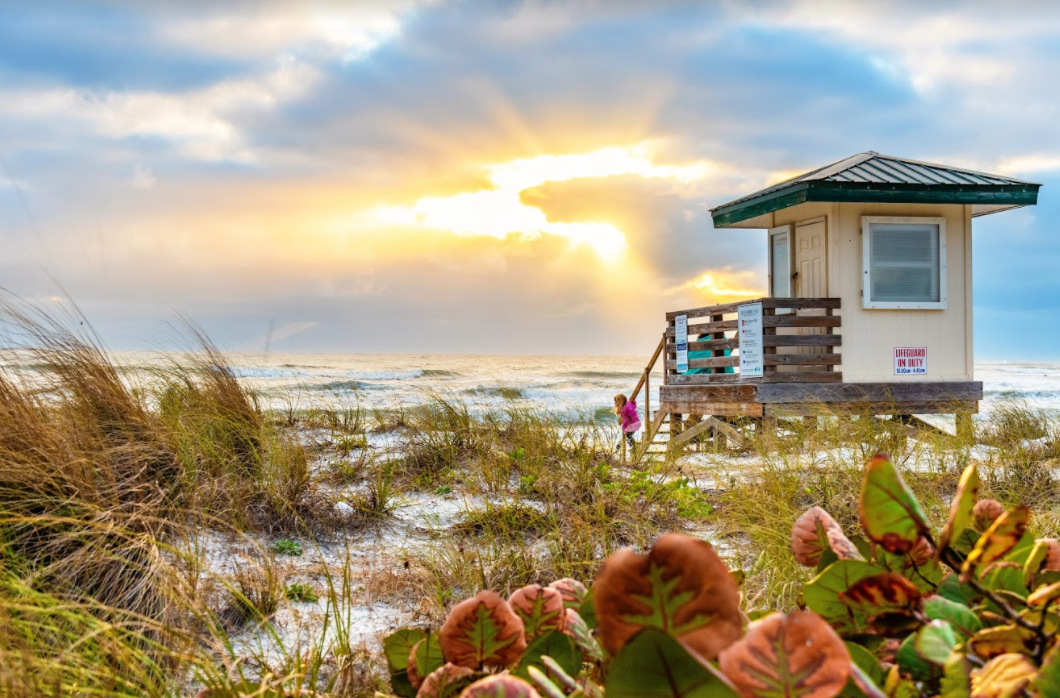 Lifeguard shack on Sarasota Beach at sunset