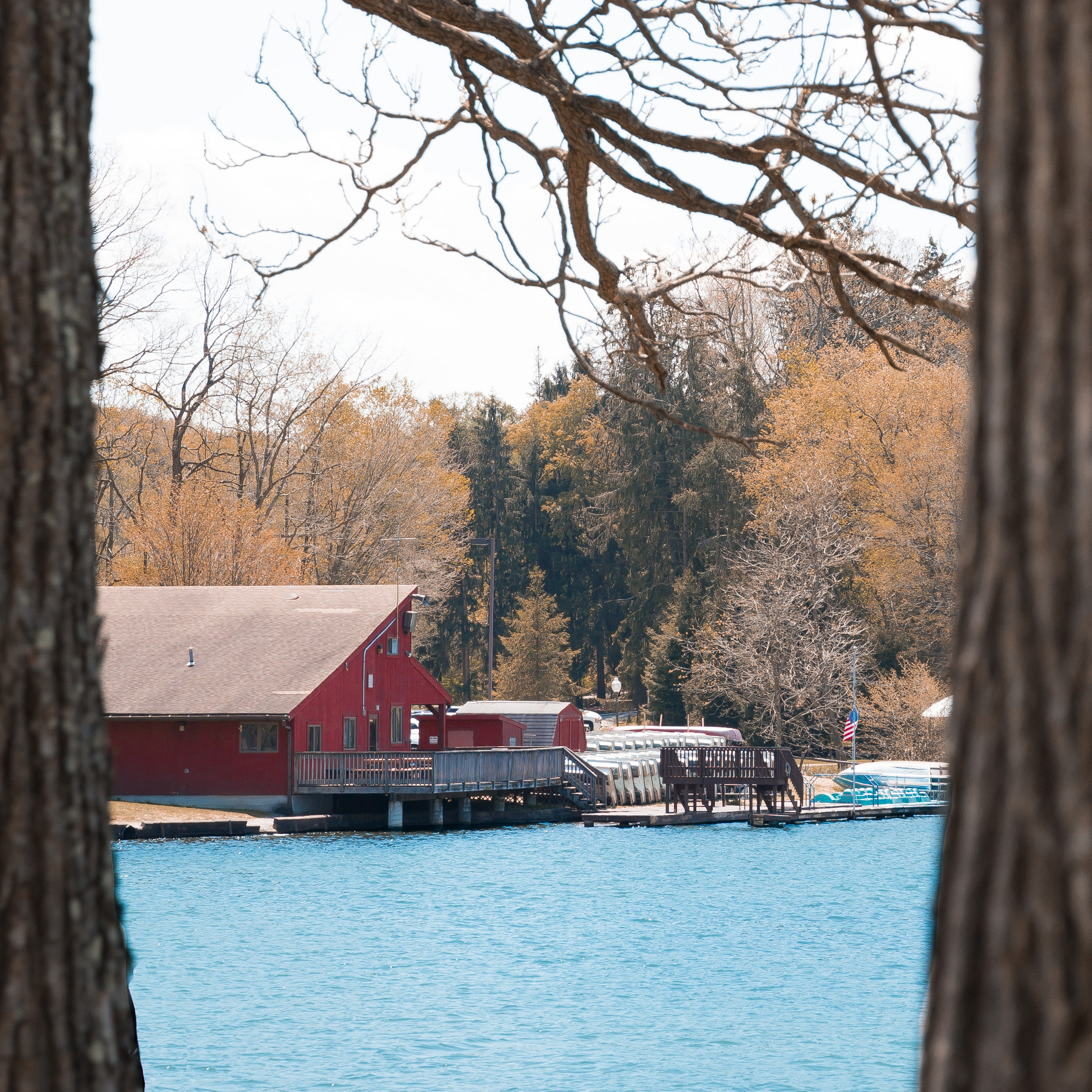 Boathouse on a lake in winter