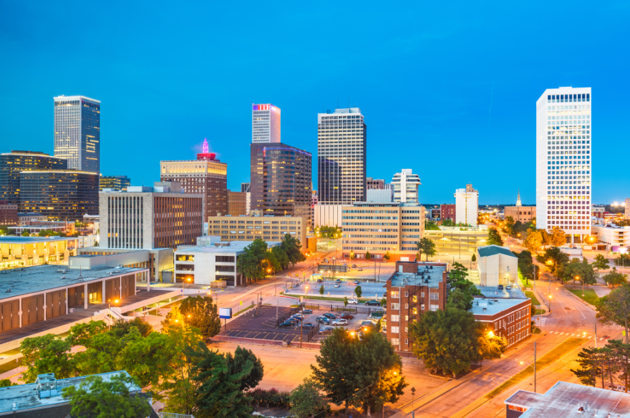 View of Tulsa skyline at twilight