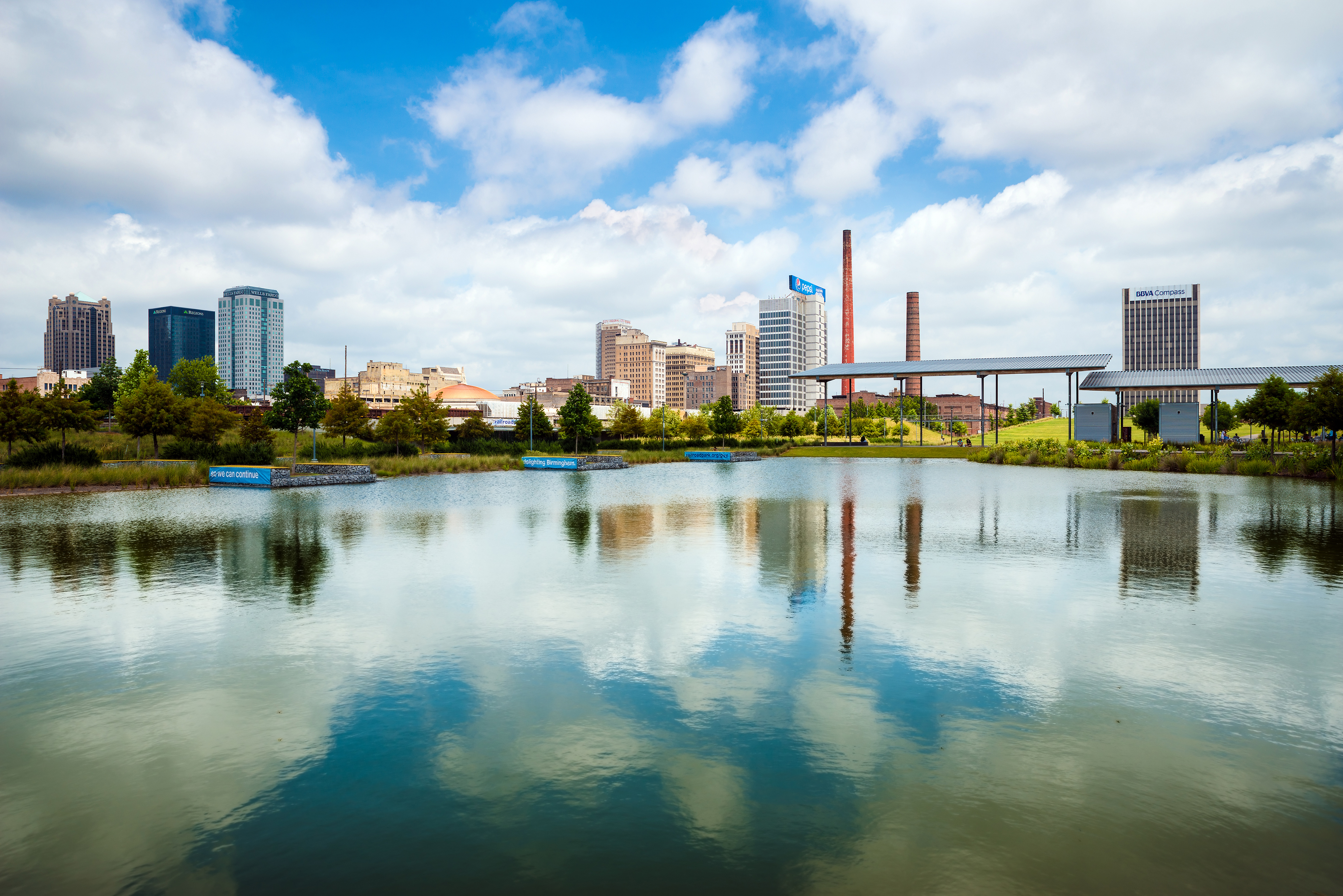 Birmingham skyline with lake in foreground