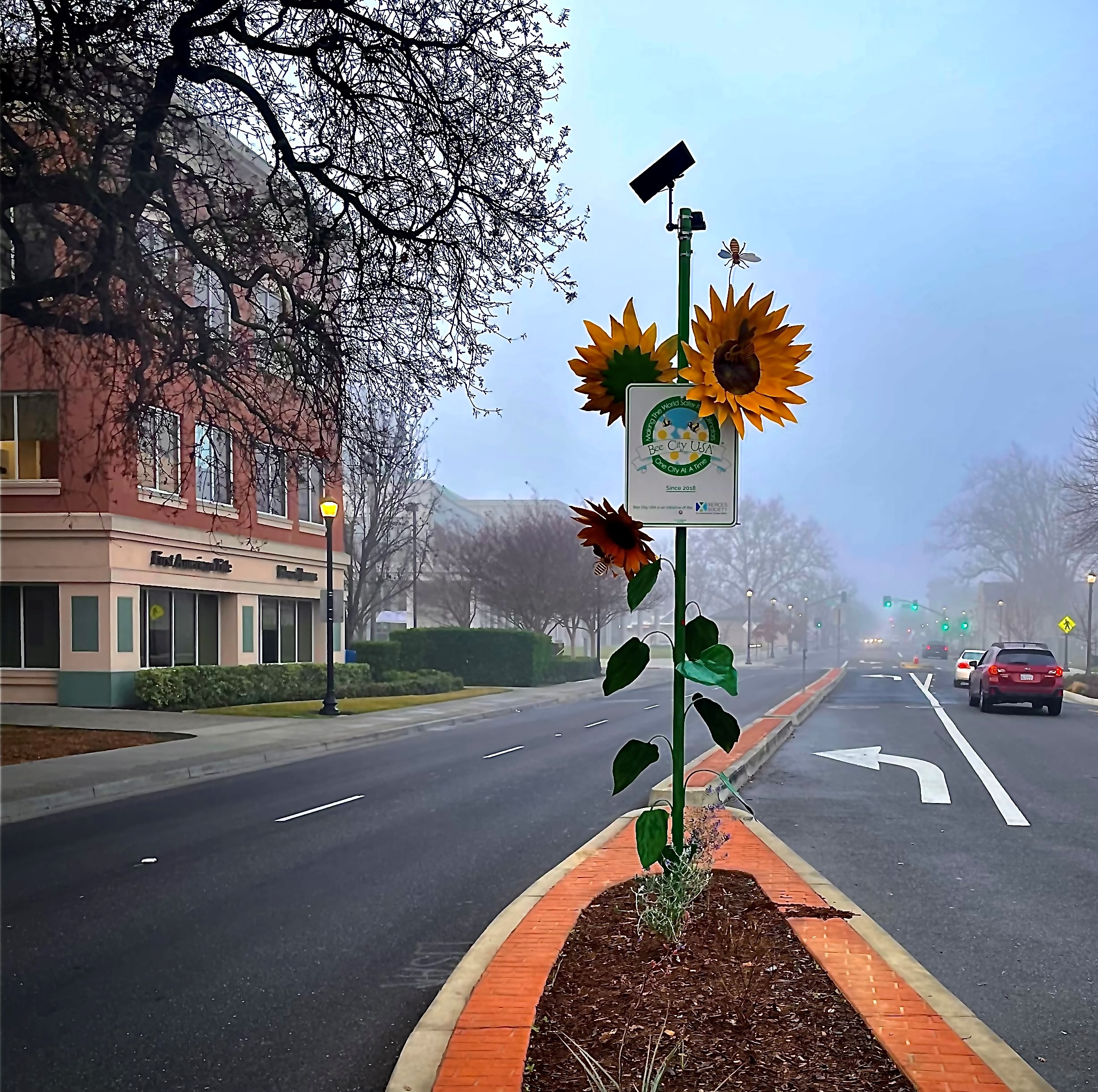 Street sign decorated with sunflowers