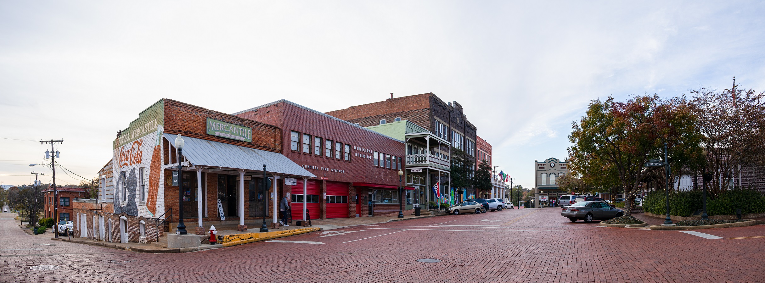 Historic brick paved street and buildings