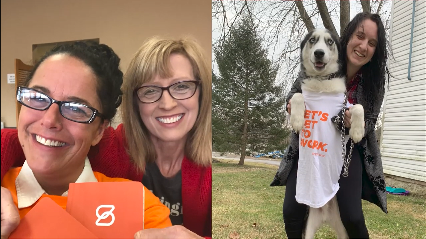 Split screen showing two smiling women on the left and a smiling woman holding a dog wearing a t-shirt on the right