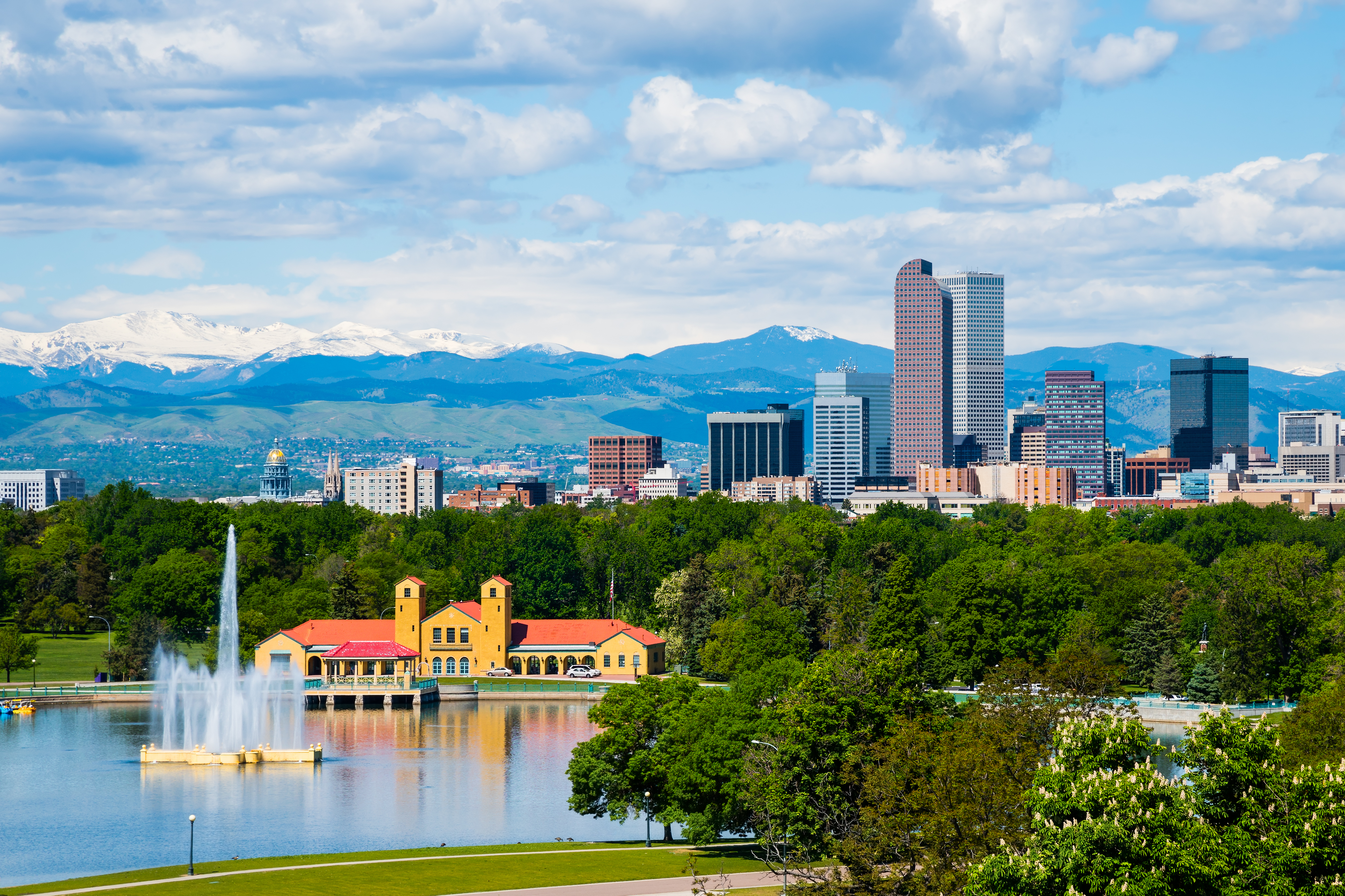 Denver Colorado downtown with City Park and lake in forground