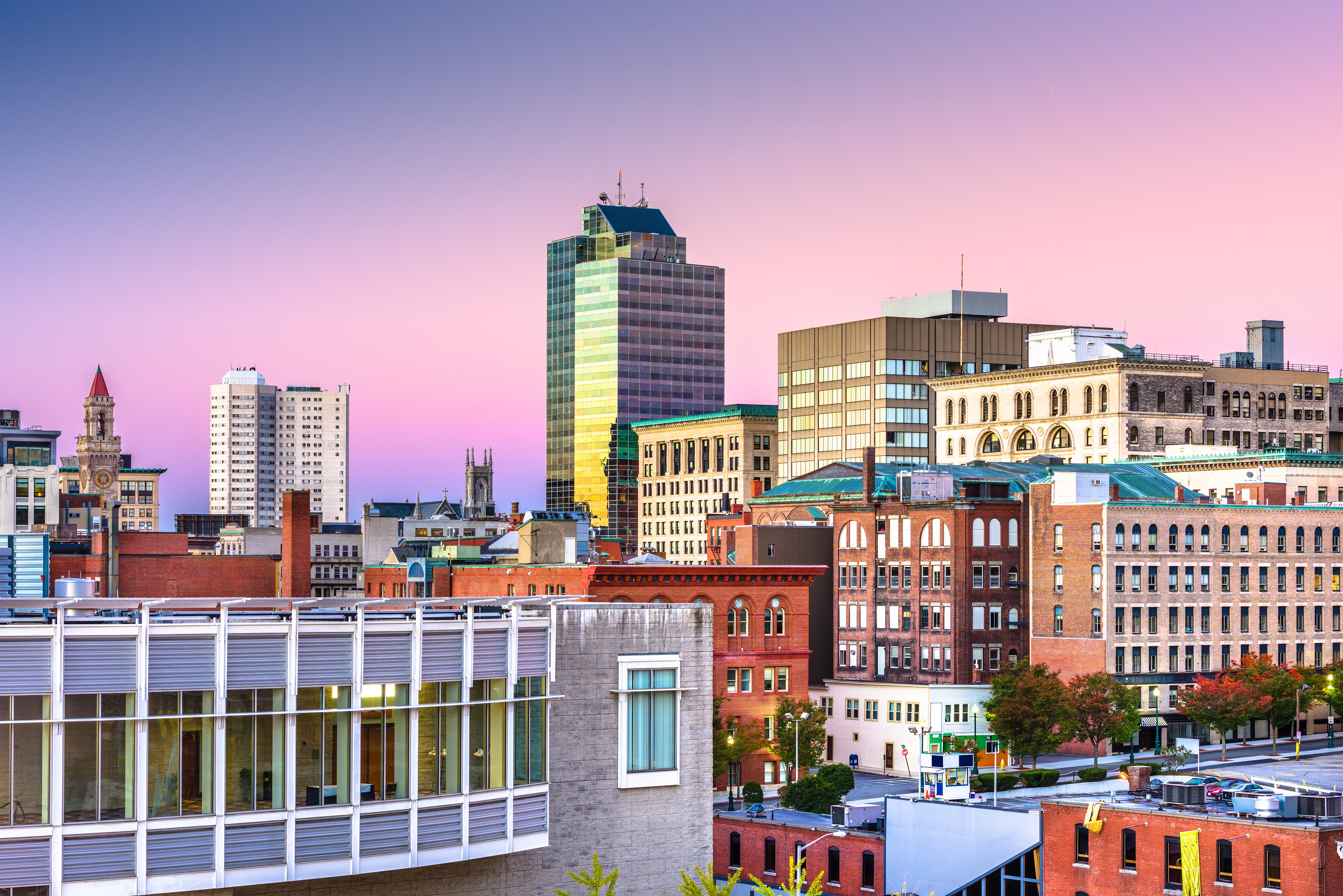 The downtown skyline at sunset in Worcester, Massachusetts