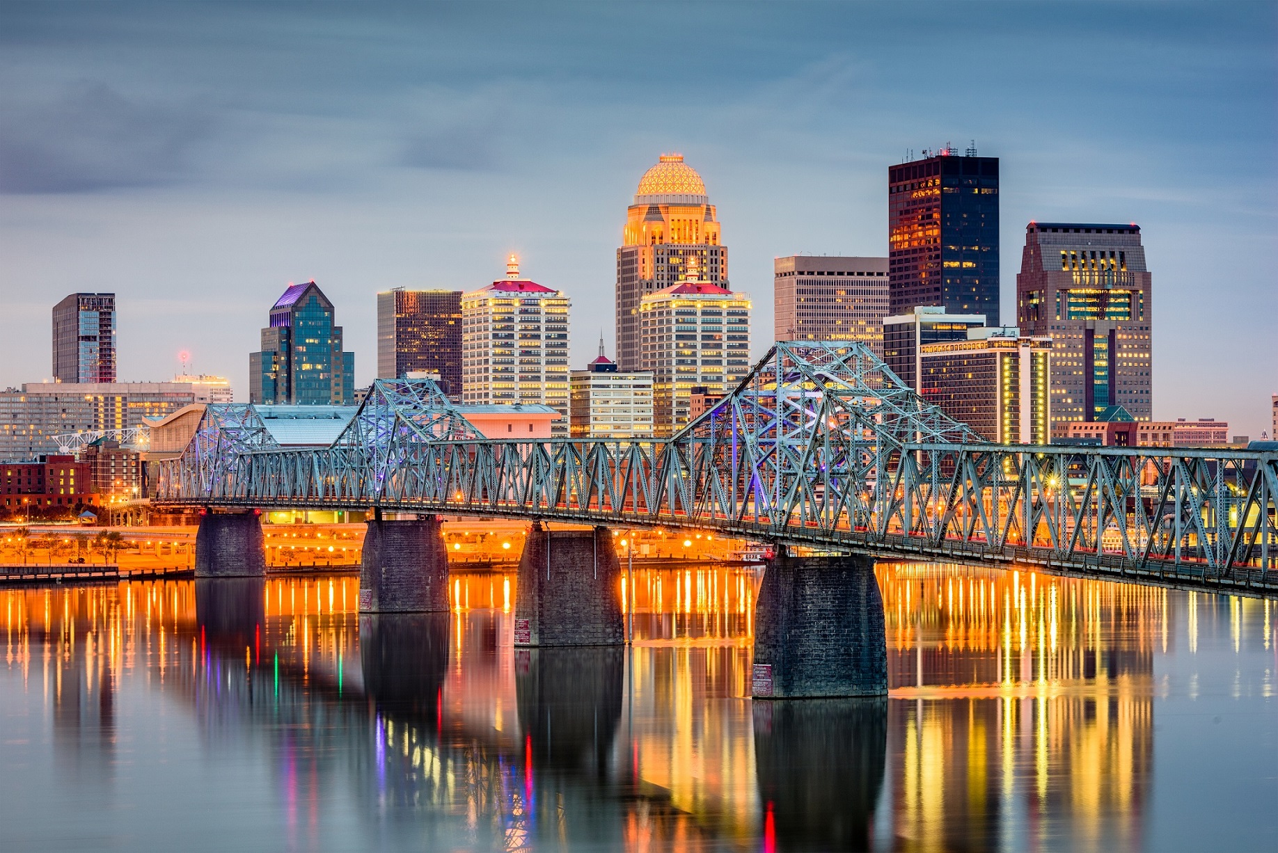 Louisville skyline at twilight with bridge in foreground