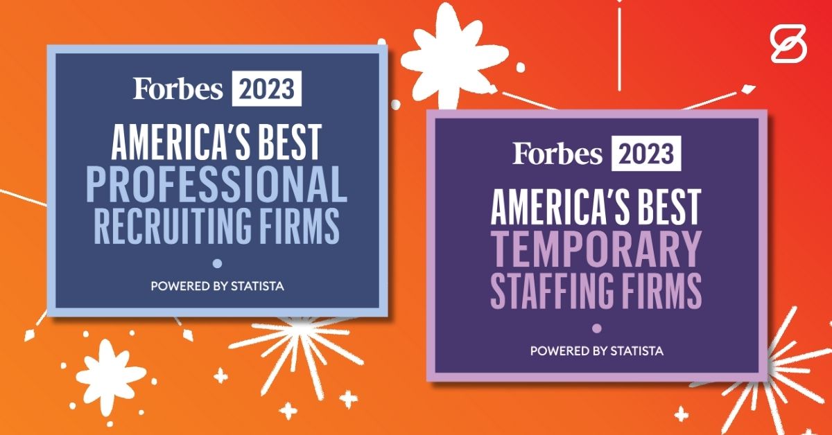 Orange background with two rectangular badges. A dark blue badge reads Forbes 2023 America's Best Professional Recruiting Firms. A purple badge reads Forbes 2023 America's Best Temporary Staffing Firms