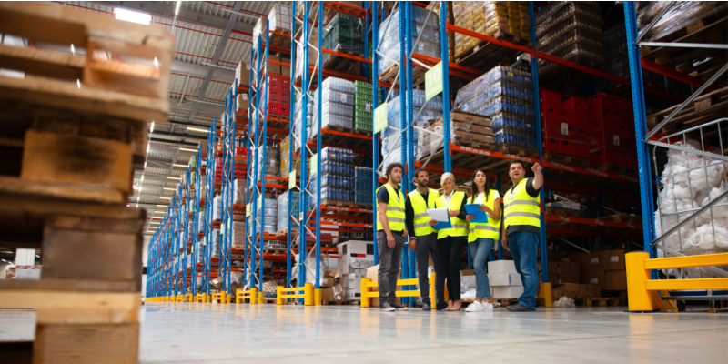 Warehouse staff meeting, workers standing with managers in front of floor-to-ceiling shelves of goods