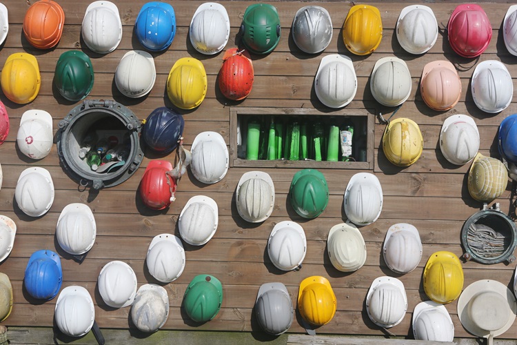 Brightly colored hard hats