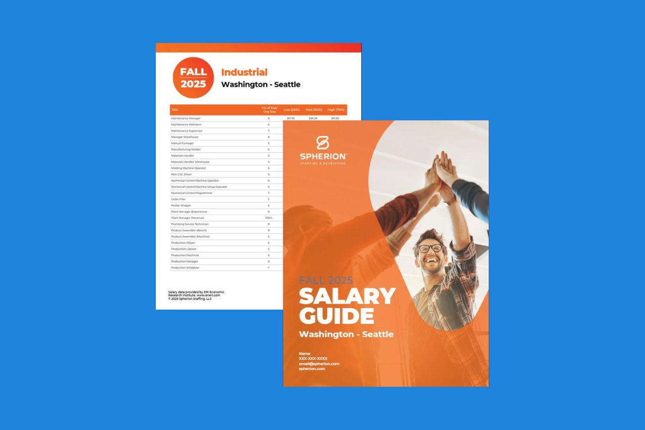 Two salary guide pages on a blue background