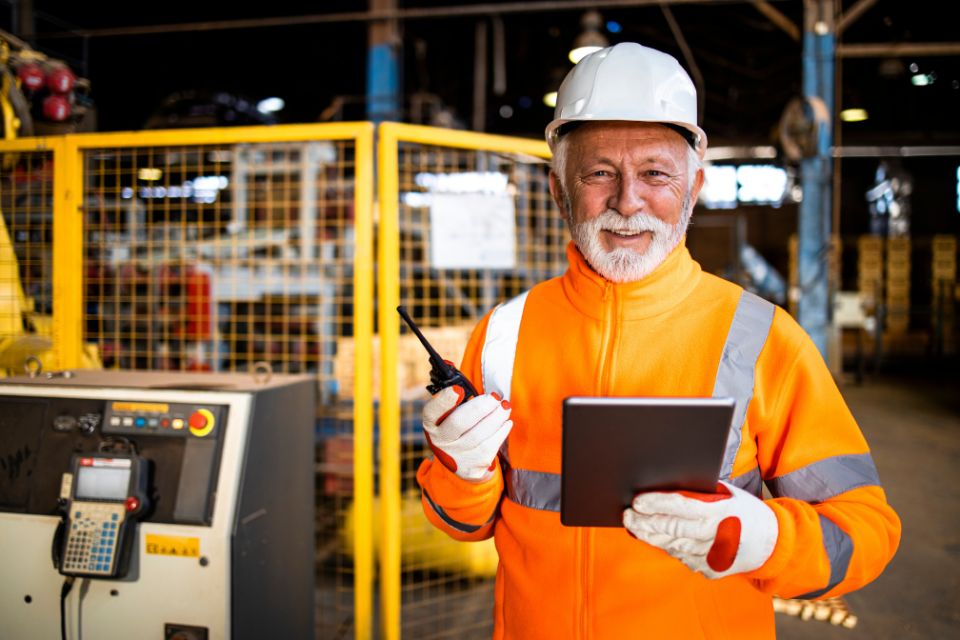 Older man in a safety outfit holding a clipboard and walkie-talkie
