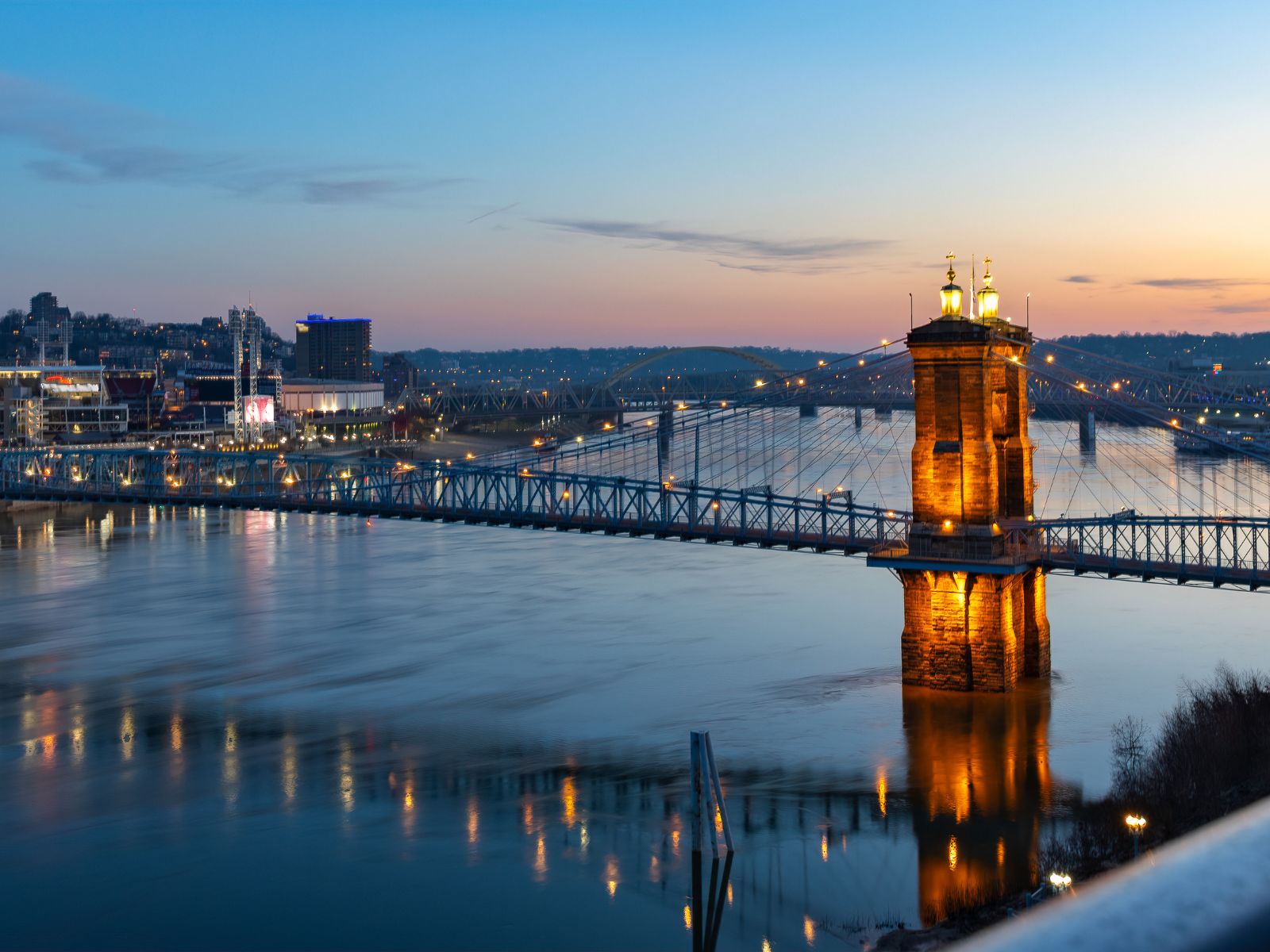 Panoramic view of the Roebling Suspension Bridge in Northern Kentucky