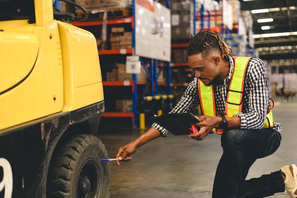 Young African American man checking a tire on a forklift