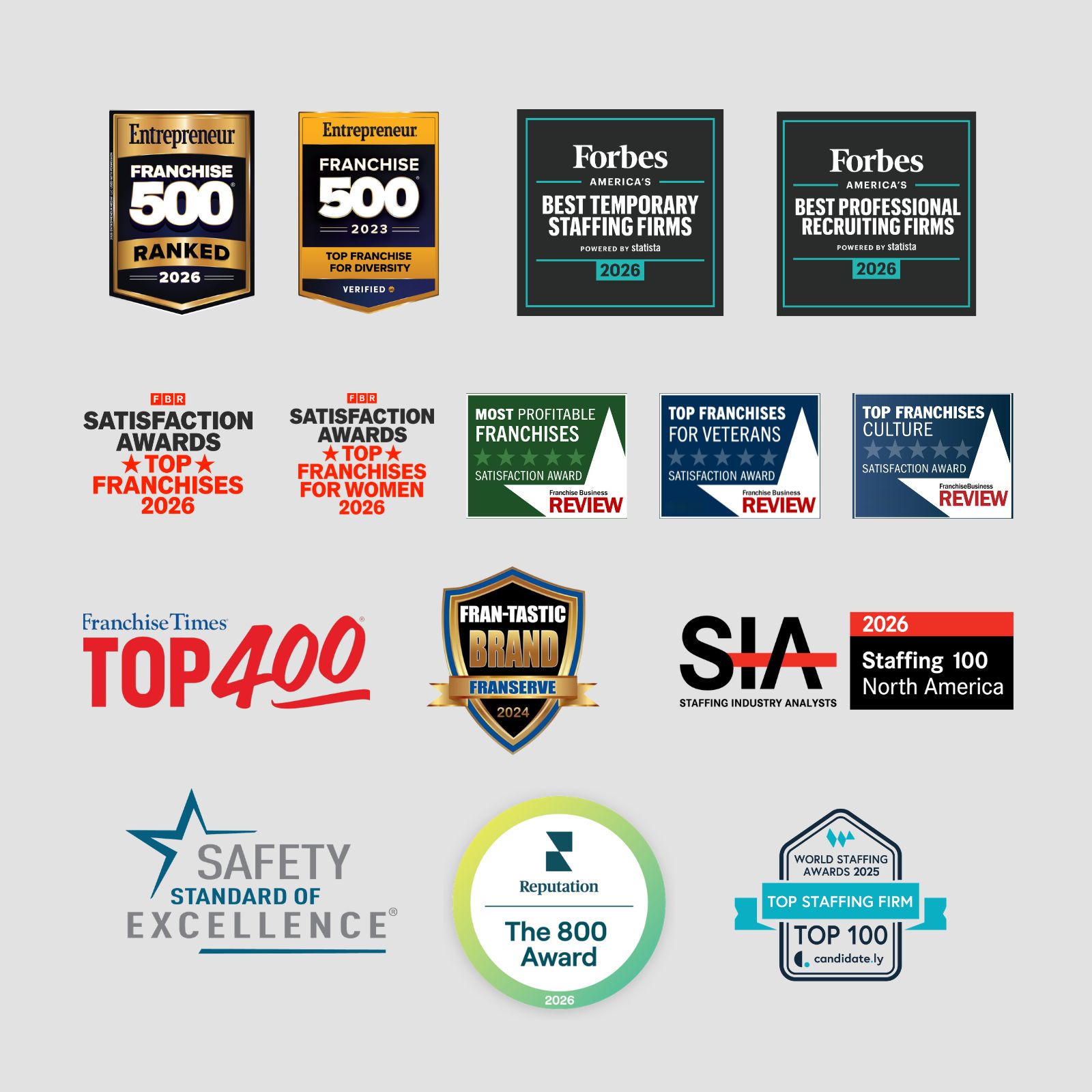 A gray background with a collage of 15 award badges on it