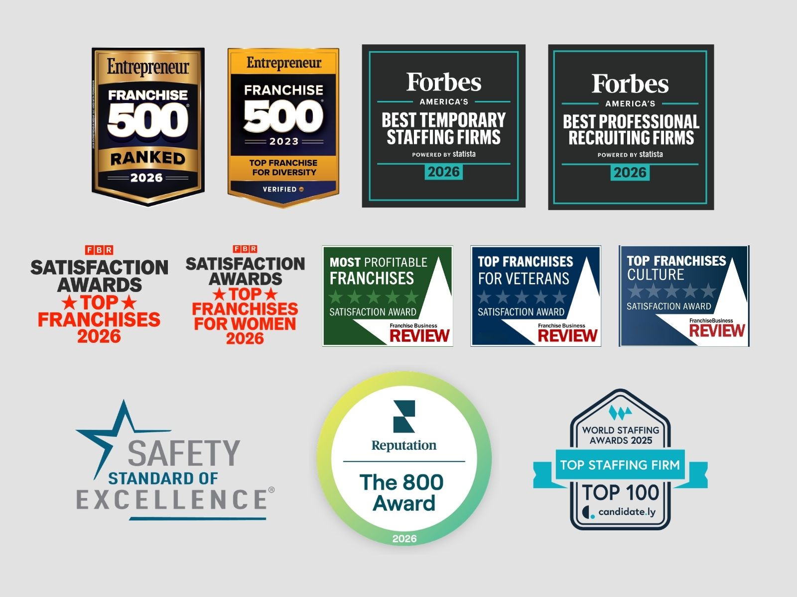 A gray background with a collage of 15 award badges on it