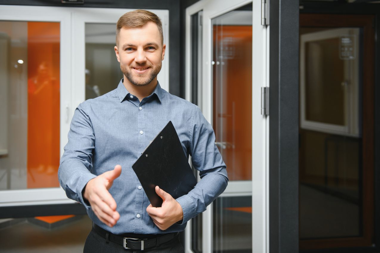 A young professional male facing the camera holding a clipboard and holding out his hand