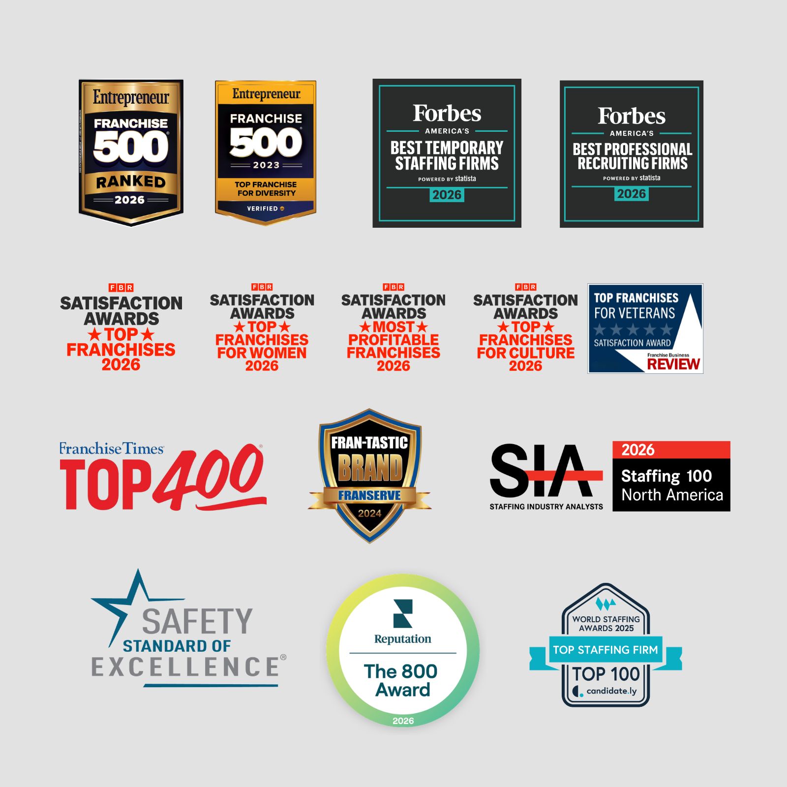 A collage of award badges on a gray background