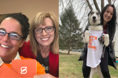 Split screen showing two smiling women on the left and a smiling woman holding a dog wearing a t-shirt on the right