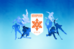 Spherion Winter Games Crest and Sports Figures on a blue background