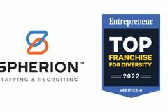 Spherion staffing & Recruiting logo on the left with Entrepreneur Top Franchise for Diversity 2022 Badge on right on a white background