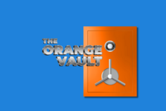 Silver letters spelling out The Orange Vault and overlapping an orange safe. on a blue background