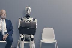 A man and an AI robot sitting on chairs in a gray waiting area