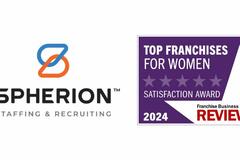 White background with the SPherion logo on the left and the purple Franchise Business Review Top Franchises for Women logo on the right
