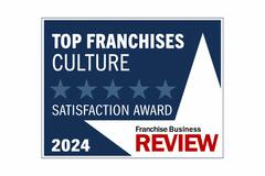 A blue and white award badge that reads, Top Franchises Culture, Satisfaction Award, 2024, Franchise Business Review