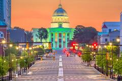 A cityscape at night