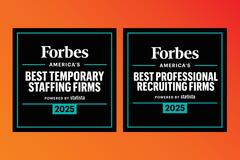 Two square black and teal award badges on an orange background