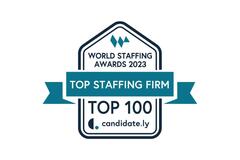 A black and teal award badge that reads, World Staffing Awards 2023 Top Staffing Firm Top 100 candidately