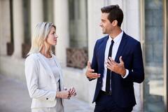 Woman and man talking