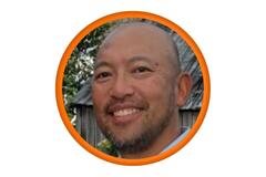 White background with a headshot in an orange frame