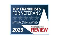 A blue rectangualr award badge with a star design and the words, Top Franchises for Veterans Satisfaction Award 2025, Franchise Business Review