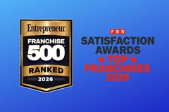 Blue background with two award badges for Entrepreneur Franchise 500 list and FBR's Satisfaction Awards