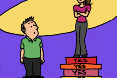Cartoon of two people standing on books
