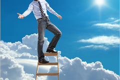 A man on top of a ladder in the clouds against a sunny blue sky