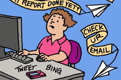 A cartoon of a woman sitting at a computer distracted by paper airplanes