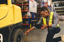 Young African American man checking a tire on a forklift
