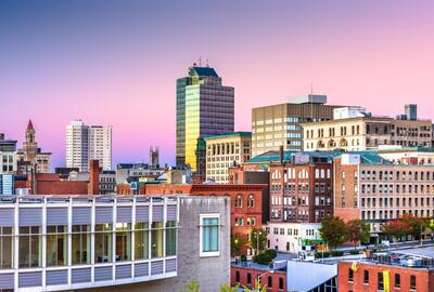 The downtown skyline at sunset in Worcester, Massachusetts