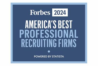 A teal rectangle with the words, Forbes 2024 America's Best Professional Recruiting Firms