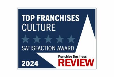 A blue and white award badge that reads, Top Franchises Culture, Satisfaction Award, 2024, Franchise Business Review
