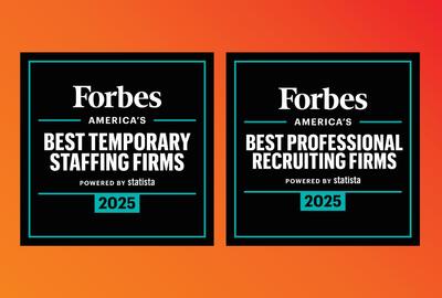 Two square black and teal award badges on an orange background