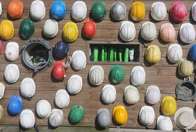 Brightly colored hard hats