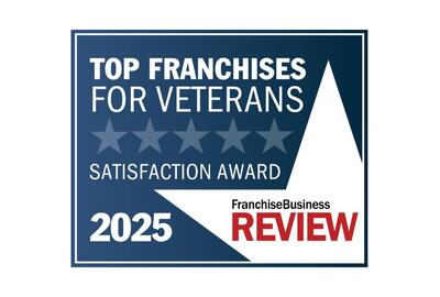 A blue rectangualr award badge with a star design and the words, Top Franchises for Veterans Satisfaction Award 2025, Franchise Business Review